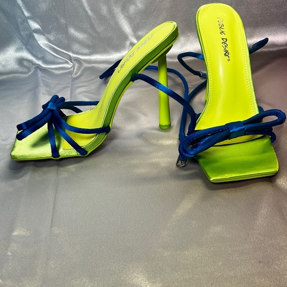 Public Desire Blue and Green Heeled Sandals with Square-Toe Design - Picture 5 of 7